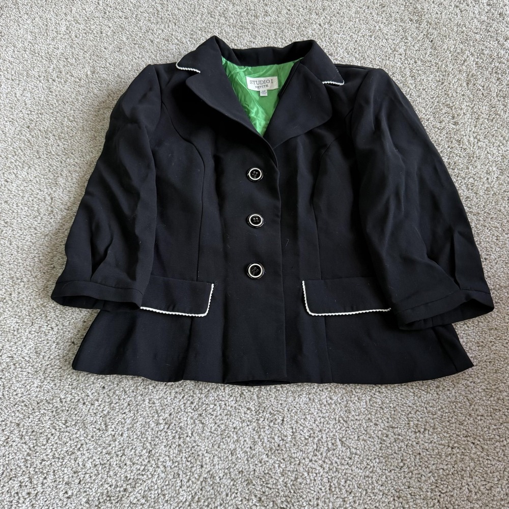Studio I Suit Jacket Womens 12P Black White Trim 3/4 Sleeve 4 Button Career